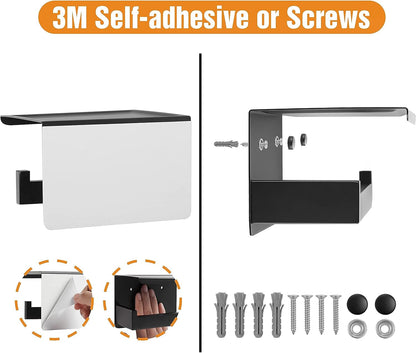 Toilet Paper Holder with Shelf, Stick on Matte Black Toilet Paper Roll Holder, Self Adhesive or Wall-Mount with Screws for Bathroom,Washroom (Pack of 2)