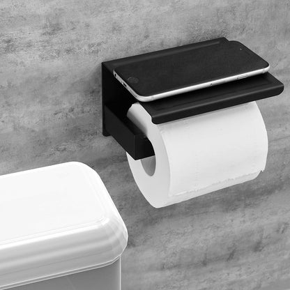 Toilet Paper Holder with Shelf, Stick on Matte Black Toilet Paper Roll Holder, Self Adhesive or Wall-Mount with Screws for Bathroom,Washroom (Pack of 2)