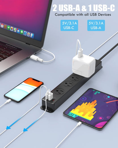 Surge Protector Power Strip with USB C Ports 10FT Braided Extension Cord