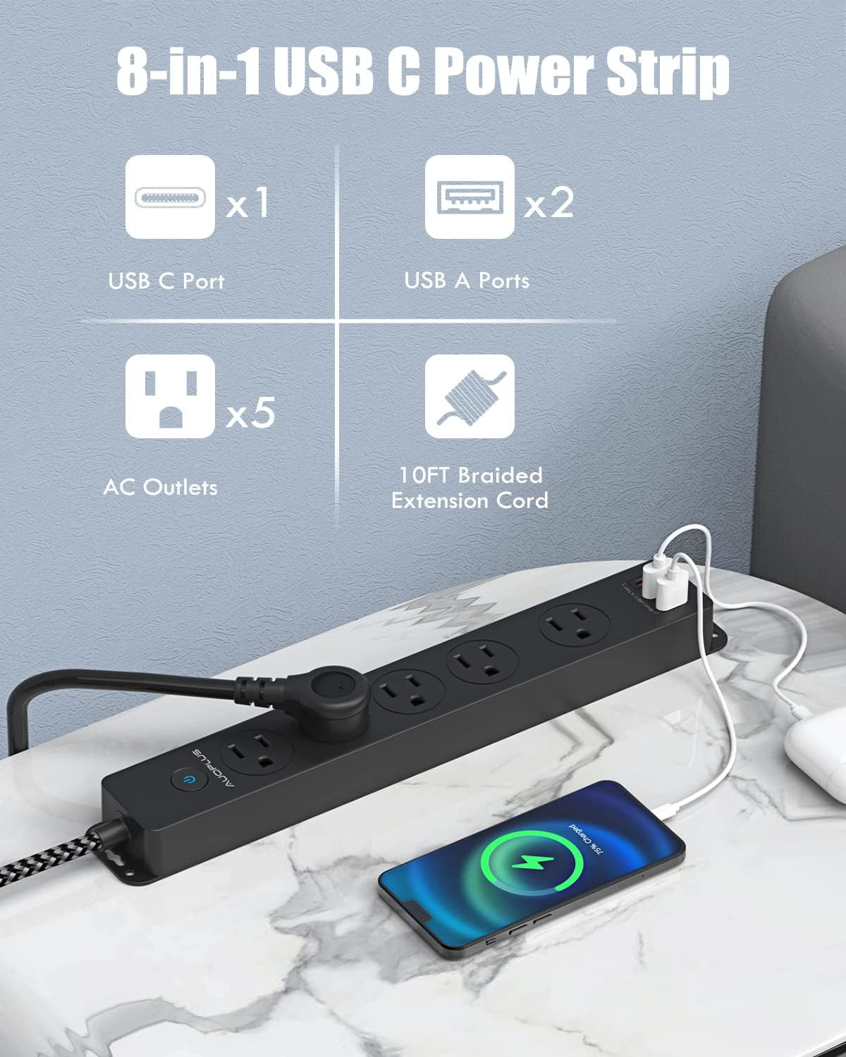 Surge Protector Power Strip with USB C Ports 10FT Braided Extension Cord