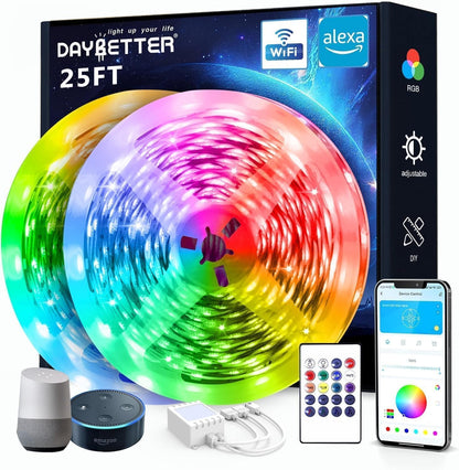 Transform Your Space with 25 FT Smart RGB LED Strip Lights - Voice Control with Alexa & Google Assistant, Music Sync & App Remote for Ultimate Bedroom Decor!