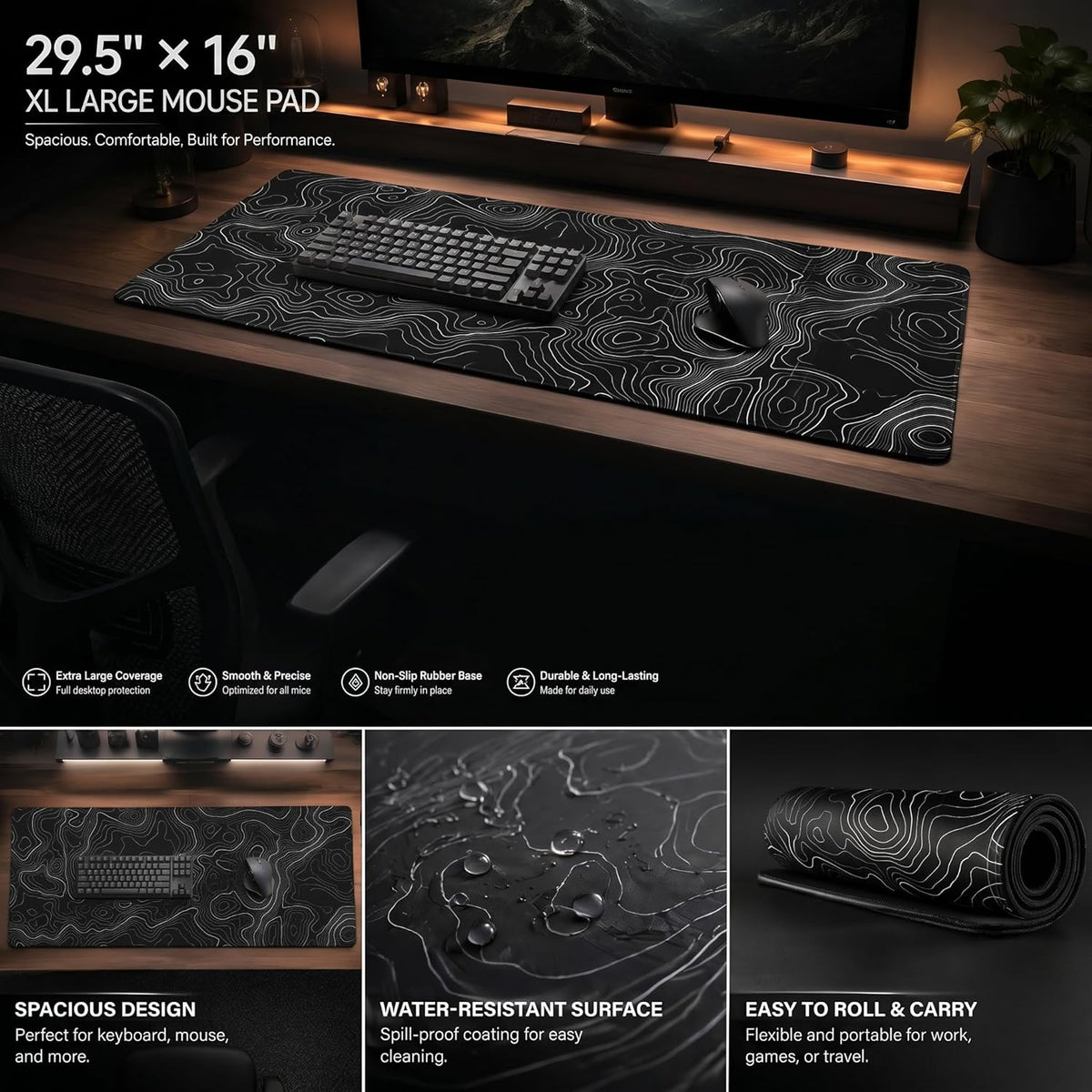 Extended Large Gaming Mouse Pad 29.5X16 Inch,Topographic Map Lines Desk Mat