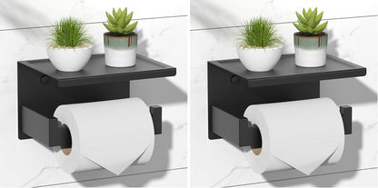 Toilet Paper Holder with Shelf, Stick on Matte Black Toilet Paper Roll Holder, Self Adhesive or Wall-Mount with Screws for Bathroom,Washroom (Pack of 2)